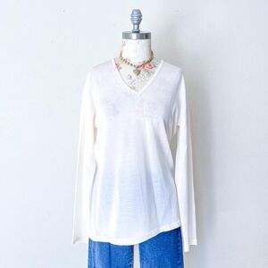 kirkland 100% fine merino wool white long sleeve v neck‎ preppy top womens large